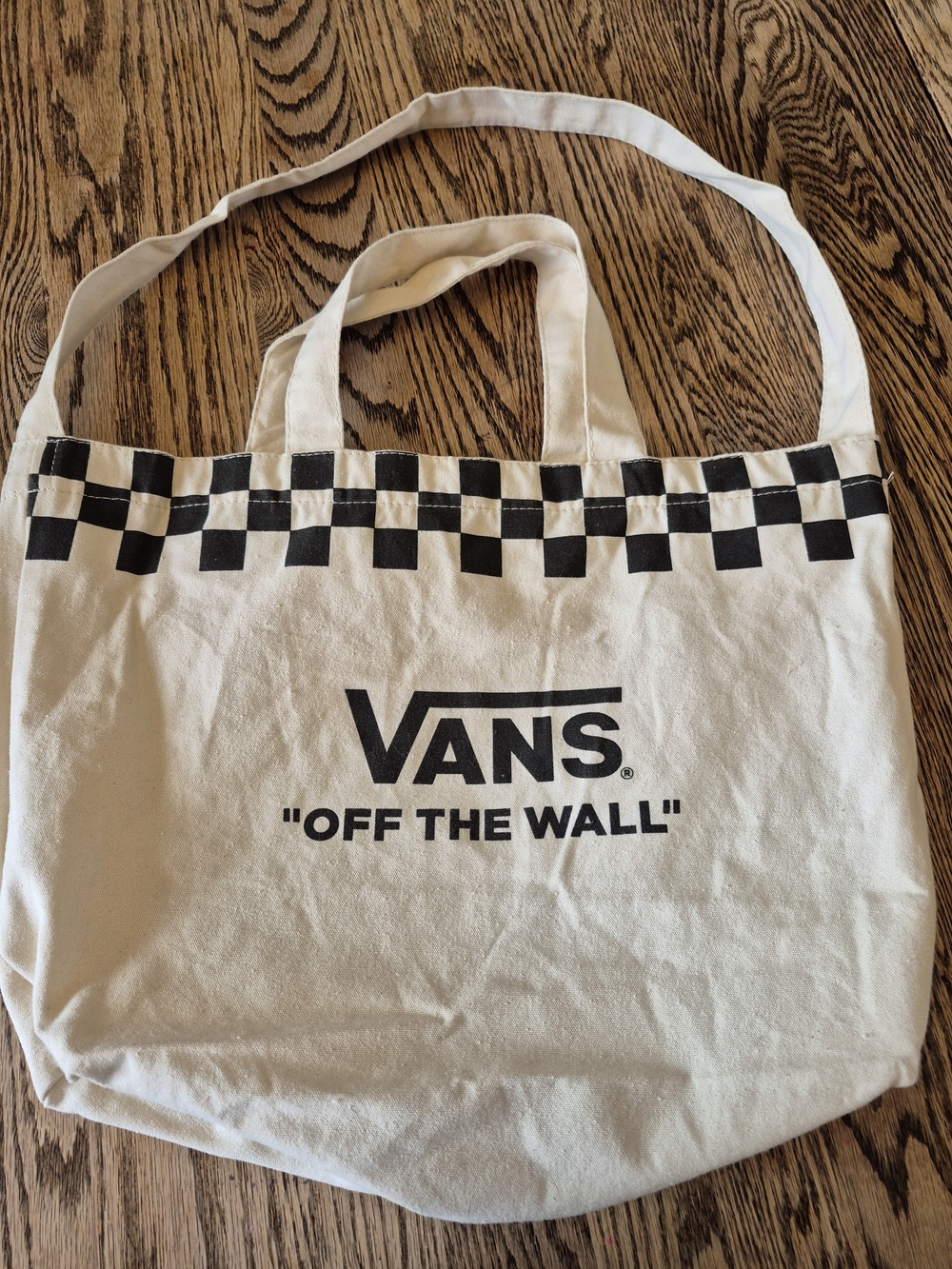 Vans Cream Canvas Tote with Black Logo and Checker Trim